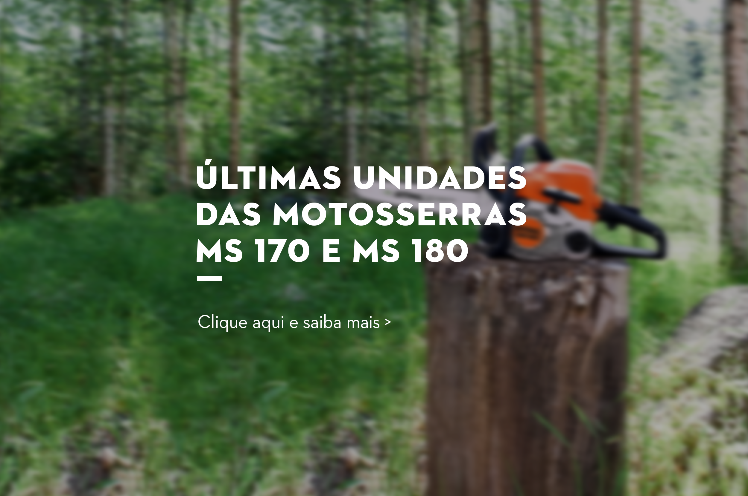 Fundo de uma motosserra em uma floresta. Mensagem diz "Últimas unidades das motosserras MS 170 e MS 180" clique e confira as ofertas.